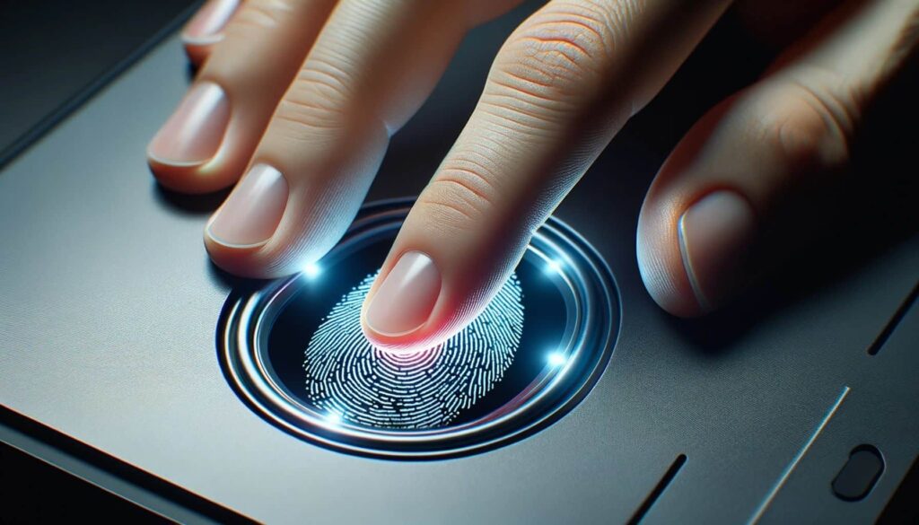 Person finger being placed on a sleek fingerprint scanner